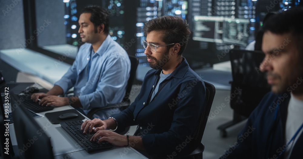 Aufkleber team of three multiethnic diverse software developers work in technological office. empowered young 
