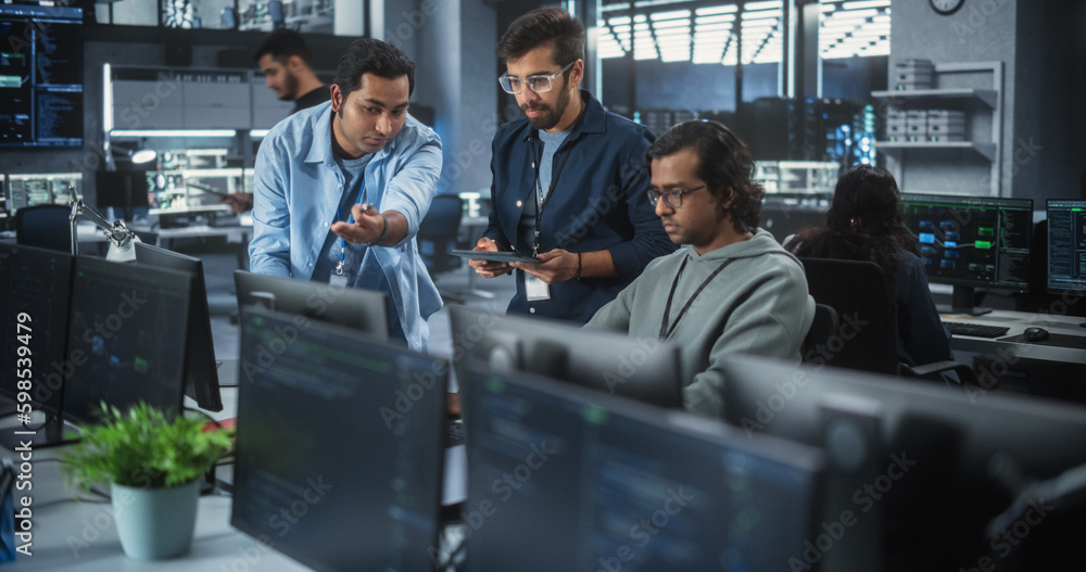 Poster Team of Three Multiethnic Diverse Software Developers Talk, Discuss and Collaborate on an AI Project. Empowered Young Indian Specialists Work on Digital E-Commerce Startup Business