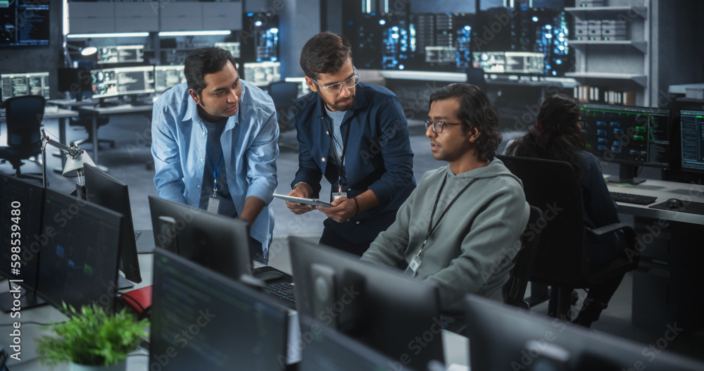 Poster Team of Three Multiethnic Diverse Software Developers Talk, Discuss and Collaborate on an AI Project. Empowered Young Indian Specialists Work on Digital E-Commerce Startup Business