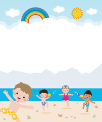 Hello Summer, Group of Happy children in swimming clothes playing on beach, kids with jumping into swimming, kids playing pool party Funny cartoon flat vector illustration isolated on background