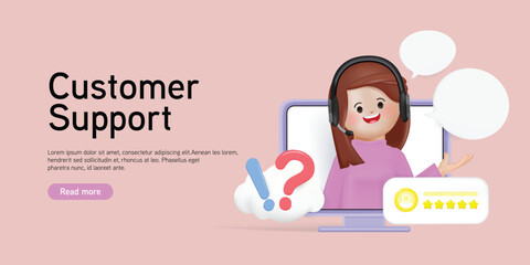 Woman with headphones and microphone working on laptop computer. Customer support website. Concept illustration for support, assistance, call center. 3D Cartoon minimal style rendering.