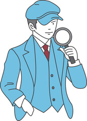 Illustration of an oriental detective man with a magnifying glass (2 colors)