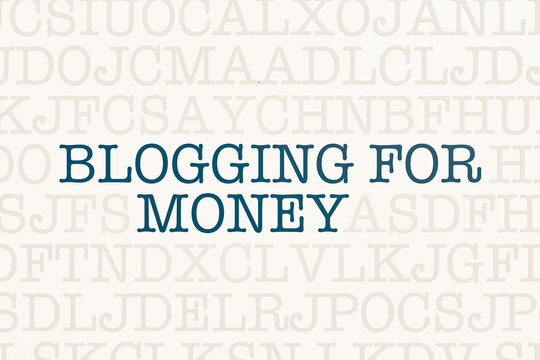 Blogging for money. White page with letters in typewriter font. Words in capital letters, yellow metallic shiny. Influencer, making money, internet, online, social media, follower and communication.