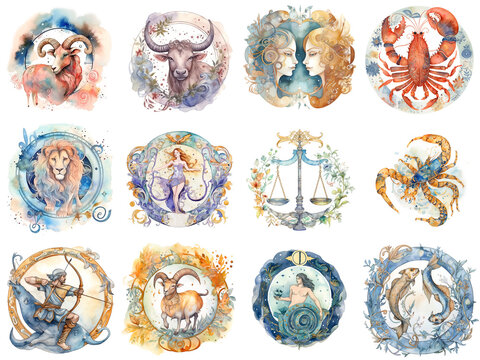 Set of zodiac signs icons. Aries, Leo, Gemini, Taurus, Scorpio, Aquarius, Pisces, Sagittarius, libra, Virgo, Capricorn, and cancer. Watercolour painti. Generative AI