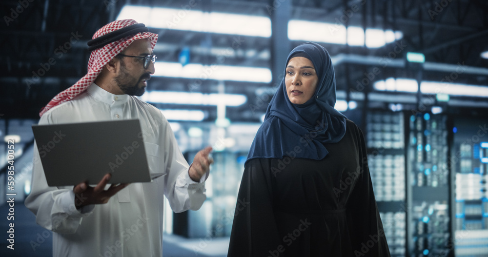 Poster middle eastern computer engineer and cybersecurity specialist work in server facility. muslim female