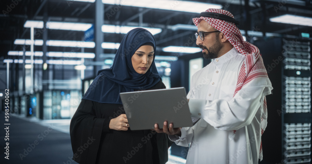 Poster middle eastern network engineer and cybersecurity specialist work in server facility. muslim female 