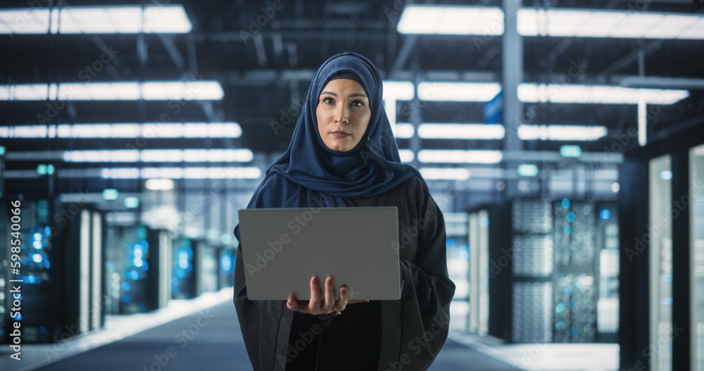 Poster portrait of a young middle eastern female it system engineer wearing traditional hijab, using laptop