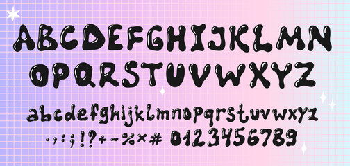 Hippie bohemian groovy postmodern funky font alphabet 1960s boho psychedelic style. Letters and numbers in Y2K style. Elements for social media, web design, posters, collages, clothing, music albums. 