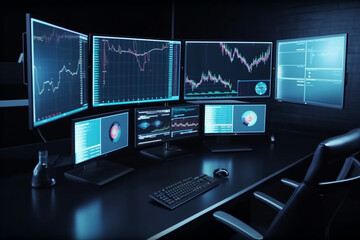 Business and finance concept. Many screens with trading setup and charts on the screens. Copy space. Generative AI