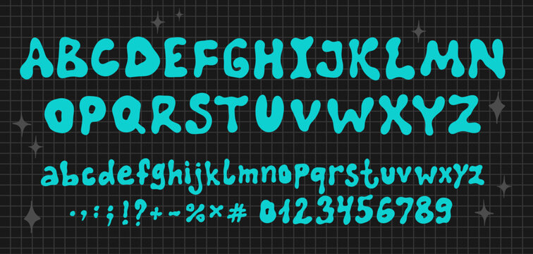 Hippie bohemian groovy postmodern funky font alphabet 1960s boho psychedelic style. Letters and numbers in Y2K style. Elements for social media, web design, posters, collages, clothing, music albums. 