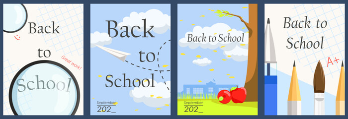 Fototapeta na wymiar Back to school promo flyer collection with school supplies. School information pages with text set. Education template of flyer, magazines, posters, book cover, banner, brochure. Vector Generative AI