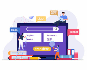 Tiny people learning multiple languages with online translator websites, Translation concept, Online translator.