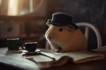 a Guinea pig being a detective and drinking coffee | Generative Ai