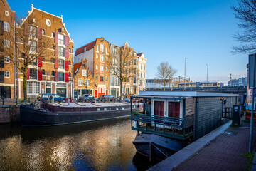 Traditional houses on the banks of the canal in Amsterdam.