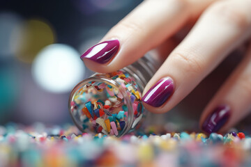 Fingers with purple manicure hold a jar of nail glitter on a blurred background