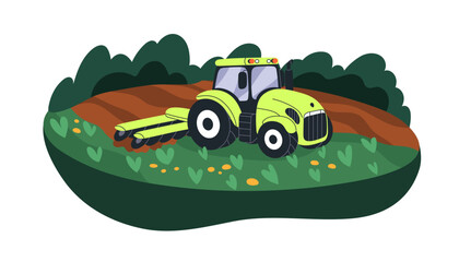 Agriculture machine works at farm field, land. Rotary tractor at farmland, preparing soil. Ground, earth preparation for crop cultivation. Flat vector illustration isolated on white background © Good Studio