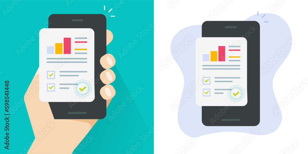 Poster cell phone digital stats analysis checklist icon vector mobile app graphic report illustration, stoc