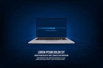 Vector laptop mockup with download concept. Technology abstract banner background