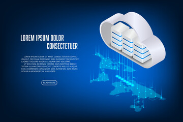 Vector isometric cloud storage with world map concept. Technology abstract background.