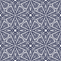 Seamless geometric pattern in retro style with crosses and stars ornate with black and white elements. Vector ornamental illustration for fabric, texture, wrapping, tiling, and decorating projects.