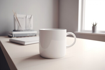 Empty white mug mockup on table. Generative AI	