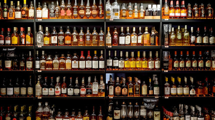 Fototapeta Liquor Store: Variety of Hard Liquor Brands Full Frame. Generative AI obraz