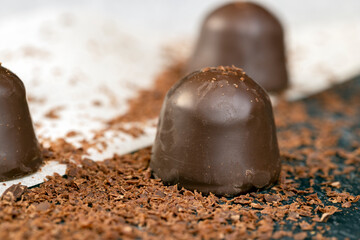 Obraz na płótnie Canvas sweet chocolates with soft filling, chocolate pieces
