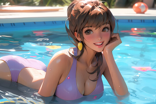 Beautiful girl in the pool summer, generative AI