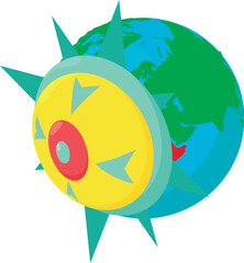 Spiked shield icon isometric vector. Bright spiked shield on planet background. Protection concept, historical period
