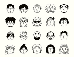 Set of male and female portraits. Different heads in outline style.