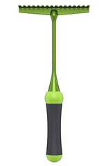 Garden rake with wooden handle for harvesting hay on white background.