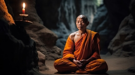 Asian Buddhist Monk in Meditation Inside Majestic Cave with Stalactite, Stalagmite, and Candlelight, generative AI - obrazy, fototapety, plakaty