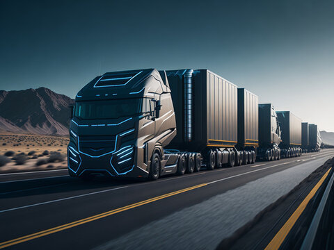 Trucks on the highway. Transportation and logistics concept. AI generated.
