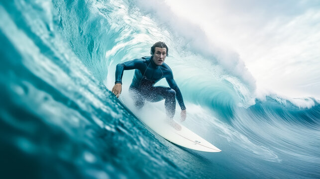 Minimalistic World-Class Professional Surfer Riding Giant Tidal Wave in Blue Ocean, generative AI