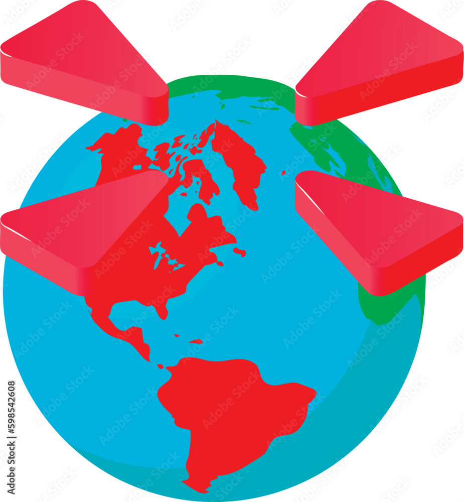 Poster world navigation icon isometric vector. planet earth globe with direction sign. location determinati