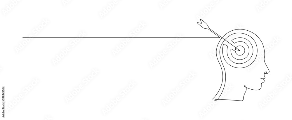 Aufkleber One continuous line drawing of head with target and arrow. Mental health and success focus concept in simple linear style. Editable stroke. Doodle outline vector illustration with empty Generative AI