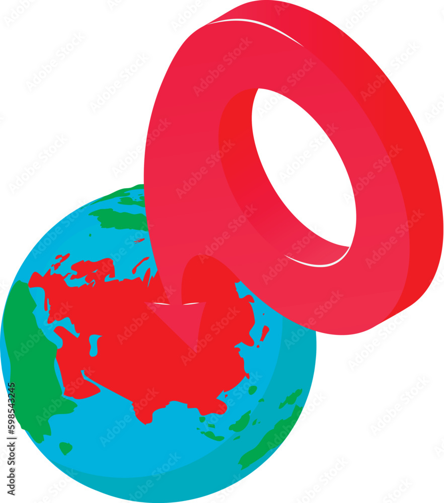 Poster navigation symbol icon isometric vector. planet earth globe with big red gps pin. location determina