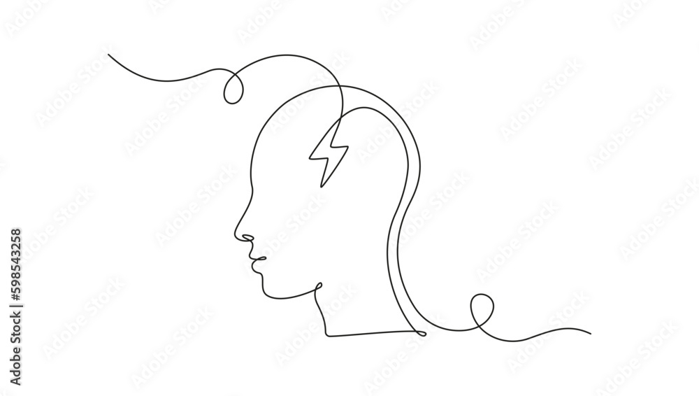 Poster one continuous line drawing of head with charging and lightning battery level. mental health and min