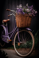 Fototapeta na wymiar A bicycle with a baske full of purple flowers. Generative AI