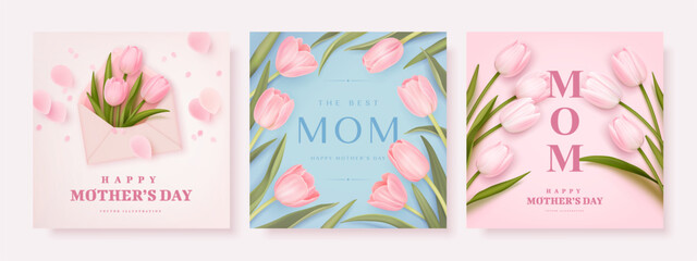 Mother's day greeting square background with realistic tulips. Vector illustration for poster, card, promotional materials, website
