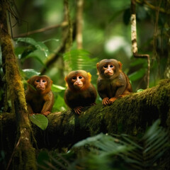 three cute monkeys in the jungle, unfathomable rainforest wildlife, generative ai 
