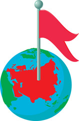 Pointer mark icon isometric vector. Planet earth globe with red flag pointer. Location determination, navigation