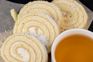 sweet dessert with cottage cheese cream and soft sponge cake