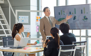 Asian professional successful male businessman lecturer speaker presenter in formal business suit standing at strategy data information monitor speaking to audiences in company office meeting room