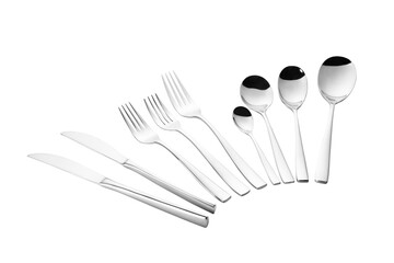 Stainless steel tableware and kitchen utensils placed on the desktop