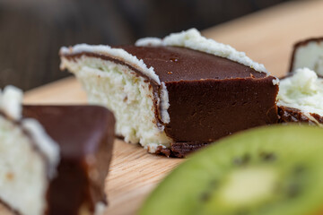 sweet green cottage cheese with kiwi flavor in chocolate glaze