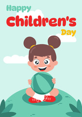 Happy Children's Day card. Child with a ball. Flat vector illustration. EPS 10.