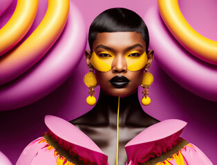 A woman with bright yellow makeup and yellow earrings created with Generative AI technology