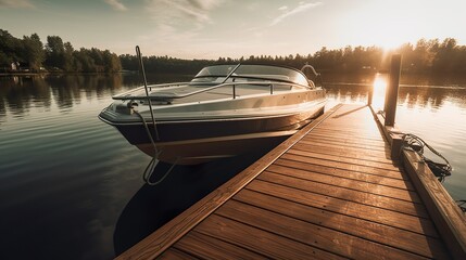Ein boot am Steg im See, Urlaub, Entspannen, generative AI