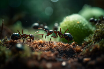 Fototapeta premium Black ant on the ground. Generative ai